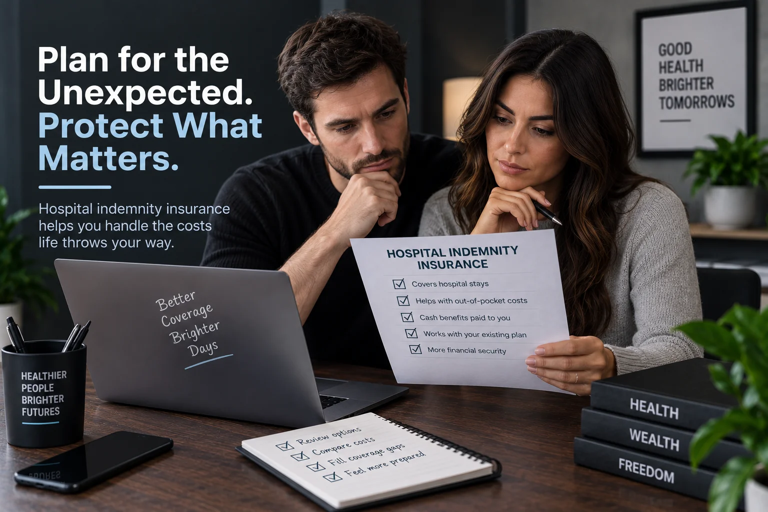 Couple reviewing hospital indemnity insurance coverage and out of pocket costs