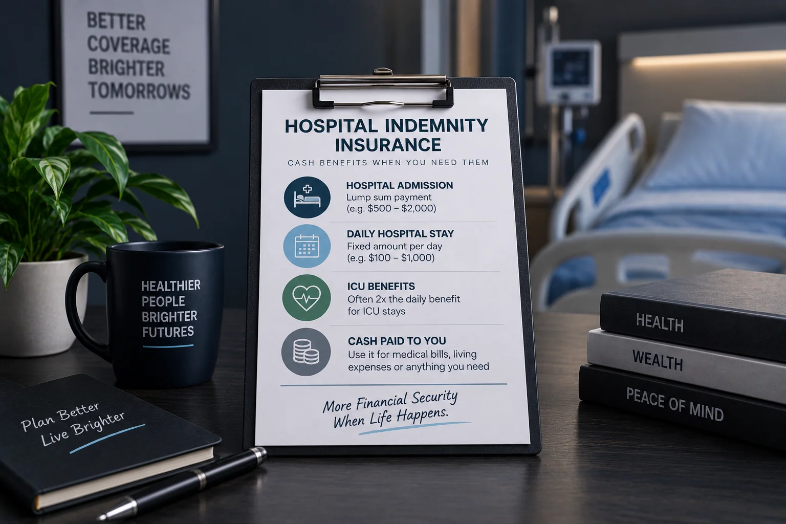 Hospital indemnity insurance benefits for hospital admissions, daily stays and ICU care