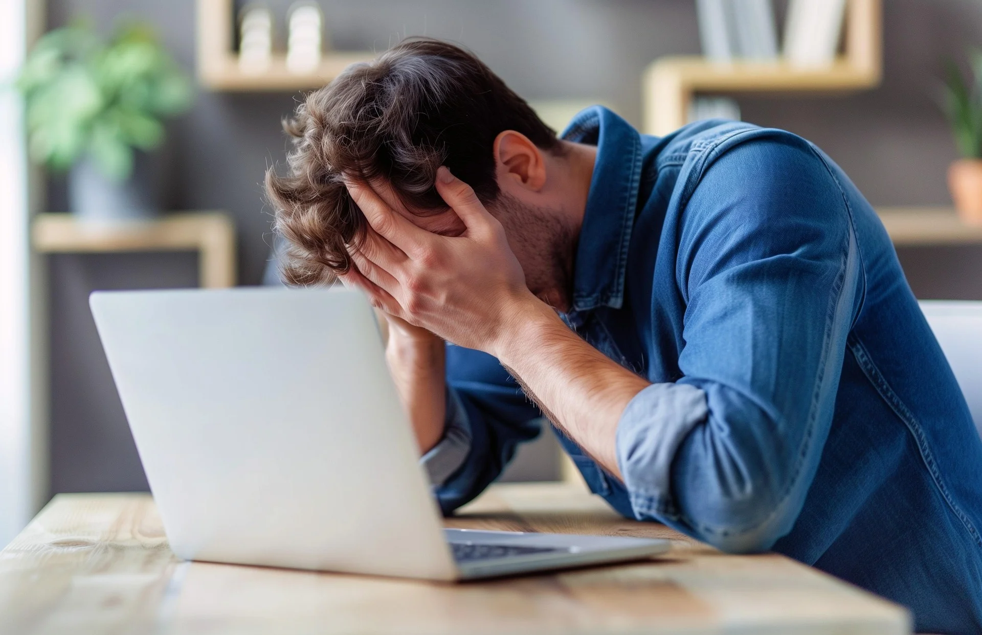 man in blue shirt stressed with hands on head sitting in front of laptop