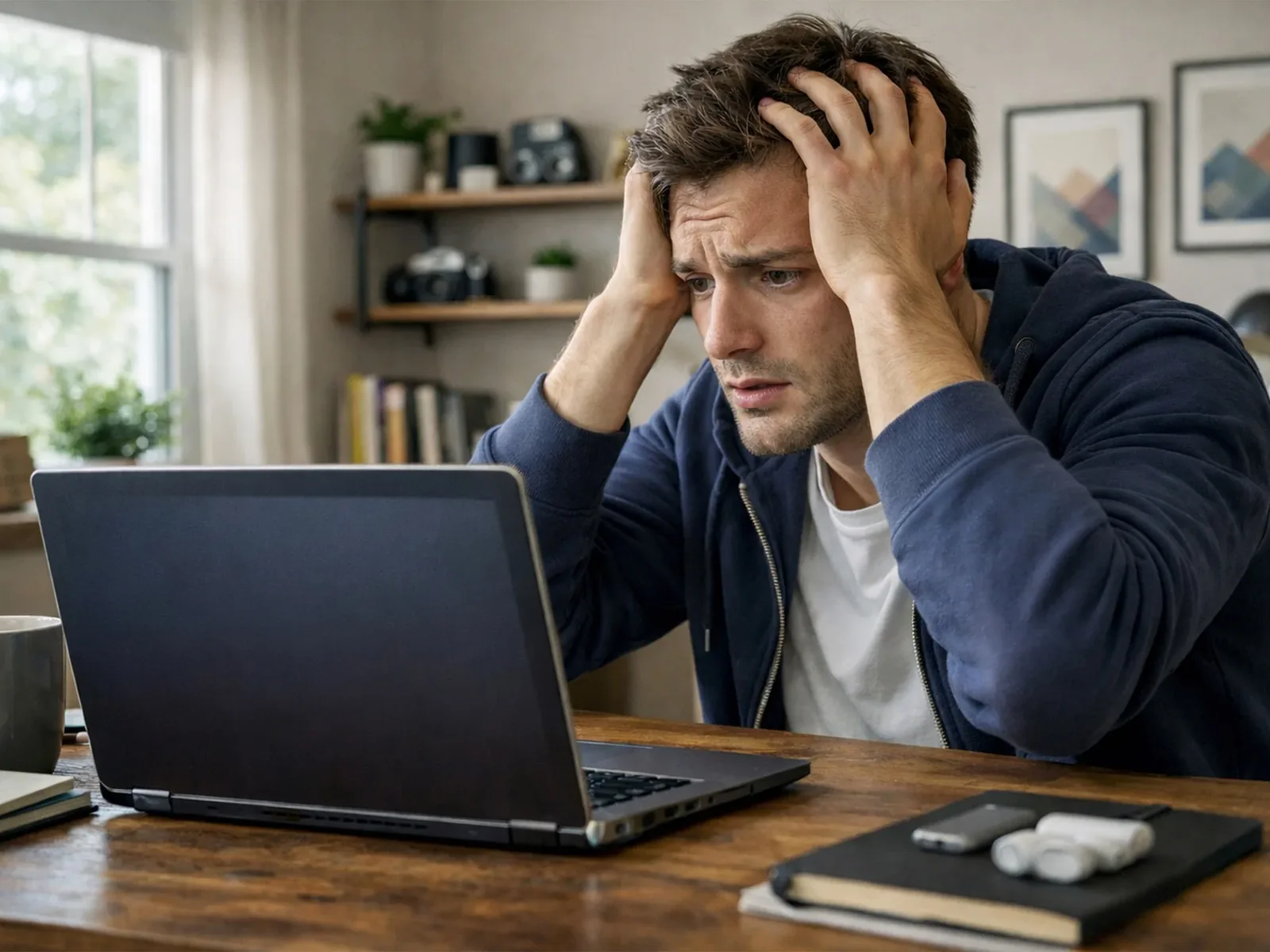 Stressed young man holding head in hands in front of laptop about personal accident insurance