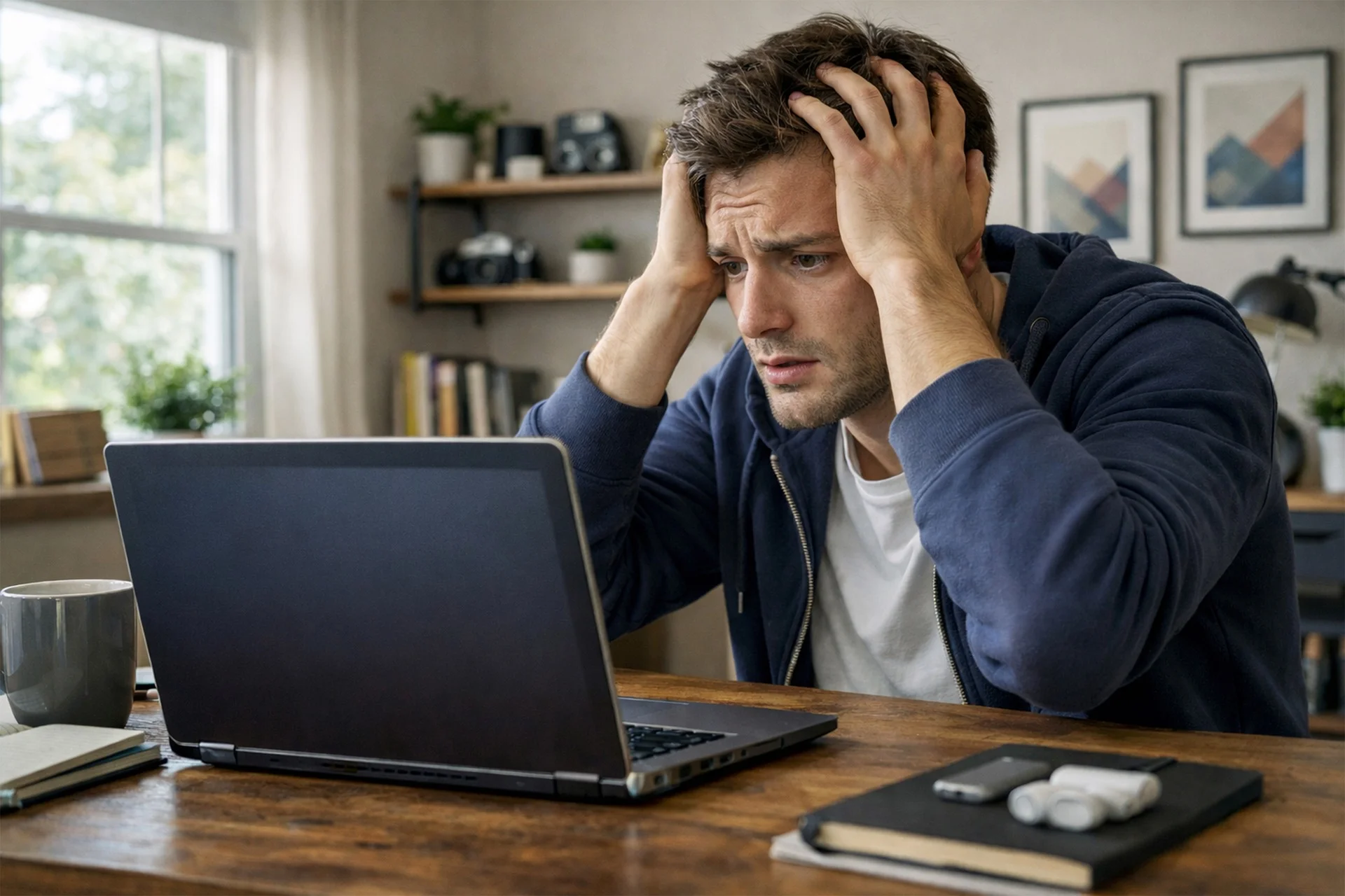 stressed young man holding head in hands in front of laptop at home